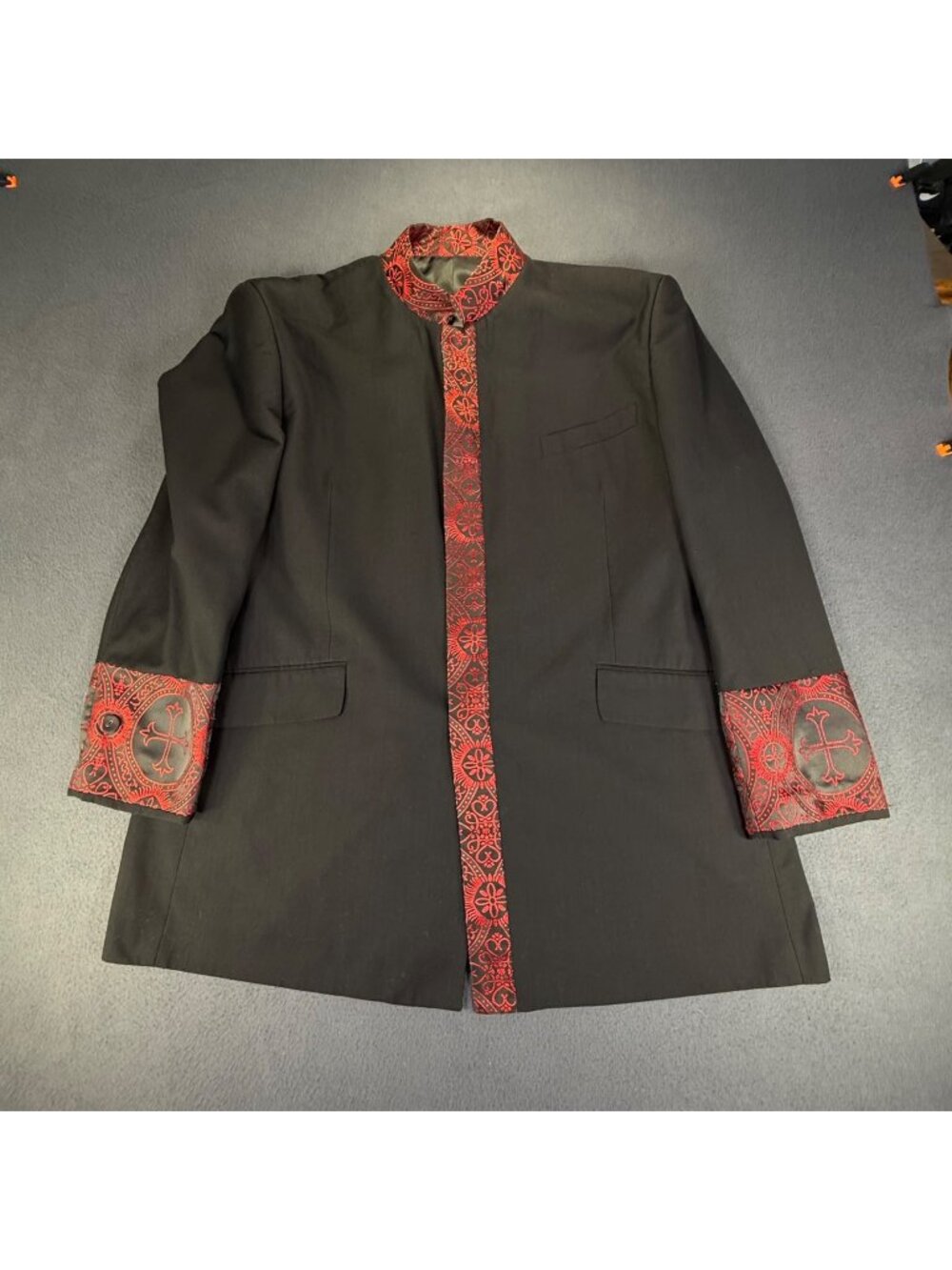 Eman Uel Menz Black/Red Clergy/Pastor Suit Jacket With Vibrant Red Embroidery